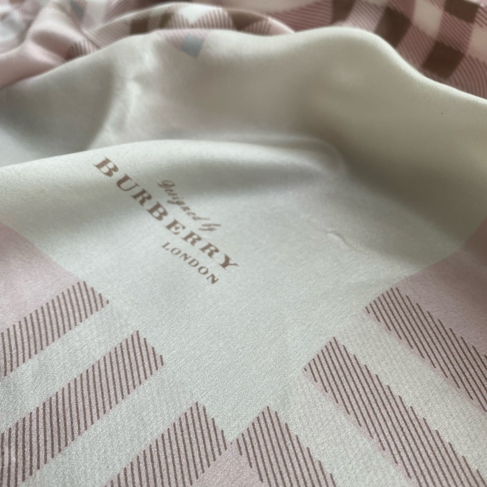 Authentic Burberry Pink Black Nova Check Plaid Print Silk Scarf - Picture 8 of 11